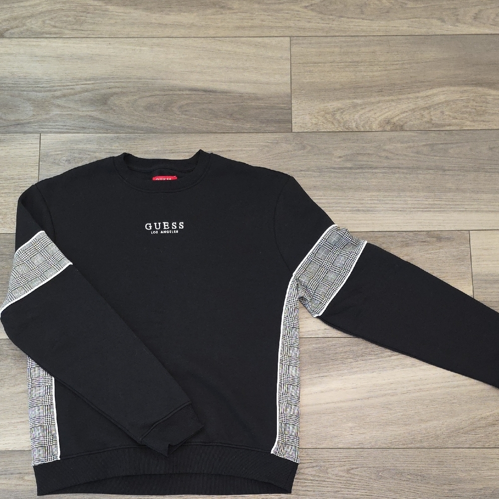 Guess Black Crewneck Sweater with Color-Blocked Sleeves